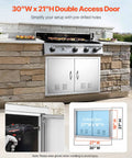 Outdoor Kitchen Access Door 30W X 21H Inches In 304 Stainless Steel Double Doors With Vents installed in a BBQ island.