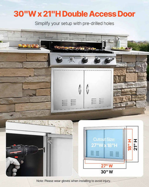 Outdoor Kitchen Access Door 30W X 21H Inches In 304 Stainless Steel Double Doors With Vents installed in a BBQ island.