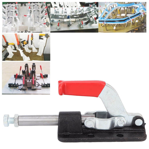 Push Pull Toggle Clamp For Heavy Duty Welding And Fabrication, 30607M Or 36330M, shown with industrial fixtures and workbenches.
