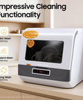 Hassle Free Portable Countertop Dishwasher With Durable Stainless Steel Body And High Pressure Spray Nozzles 110V Compact Mini Washer showing cleaning settings and controls.