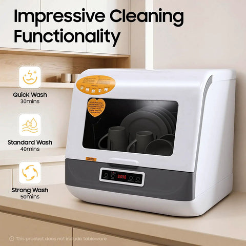 Hassle Free Portable Countertop Dishwasher With Durable Stainless Steel Body And High Pressure Spray Nozzles 110V Compact Mini Washer showing cleaning settings and controls.