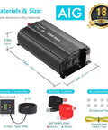 Dimensions and components of 2000 Watt Pure Sine Wave Inverter 12V DC to 110V and 120V AC Power Converter with warranty badge.