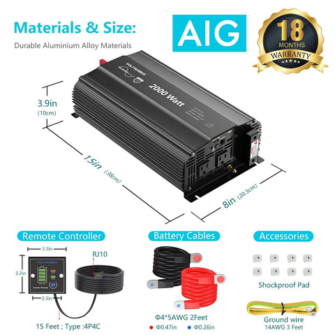 Dimensions and components of 2000 Watt Pure Sine Wave Inverter 12V DC to 110V and 120V AC Power Converter with warranty badge.
