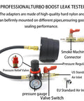 Wzyblixo Turbo System Leakage Tester Kit front view; 19-piece set with brass adapters, gauge, hoses.