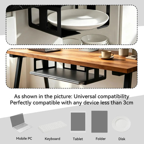 Super Rugged Under Desk Laptop Mount Handles Devices Up To 1.18 Inches Thick Includes Bracket Kit And Hardware For No Sweat Installation Provides Clean Sleek Workspace Finish In Black with universal compatibility shown.