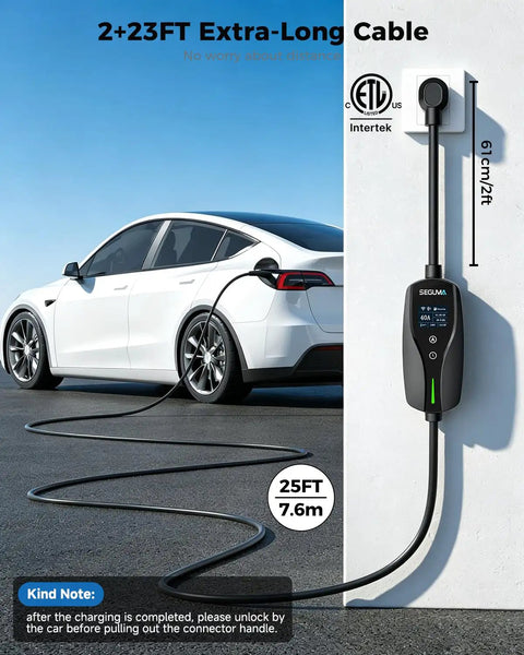 Heavy Duty 40A Level 2 Electric Vehicle Charger With Smart App Tracking For Tesla All Car Brands, 25FT cable connecting to a Tesla.
