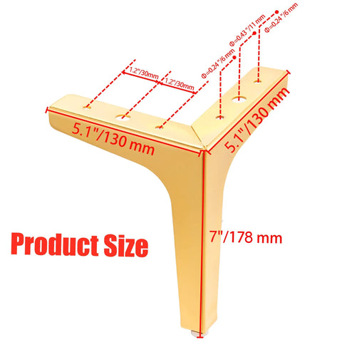 7 Inch Heavy Duty Gold Metal Furniture Legs Set of 8, Triangle Style Sofa Couch Chair Table Cabinet Feet with dimensions