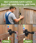 Heavy Duty Gate Hinge And Self Locking Latch Set For Wood Fence Two Pack Auto Lock Gravity Latch Keeps Gate Secure In Windy Weather No Manual Latching Required, wood gate close-up
