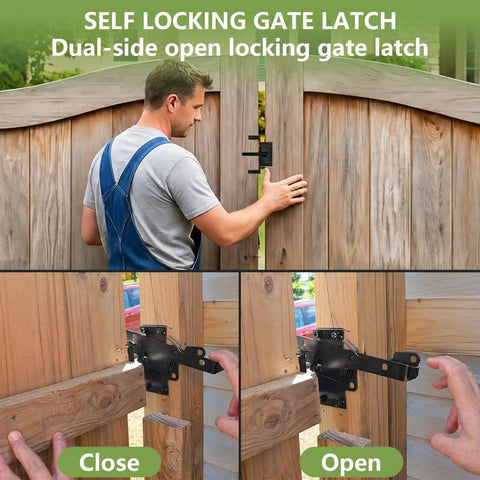 Heavy Duty Gate Hinge And Self Locking Latch Set For Wood Fence Two Pack Auto Lock Gravity Latch Keeps Gate Secure In Windy Weather No Manual Latching Required, wood gate close-up