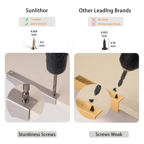 Comparison of edge finger tab cabinet pulls installation with sturdy Sunlithor screws vs weaker other brands' screws.