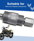 Zero Drama Dual Head Flywheel Puller Crafted From Premium Stainless Steel Cranks Loose Stubborn GY6 Small Engines With Tight 24mm And 27mm Grip Black Edition displayed with motorcycle.