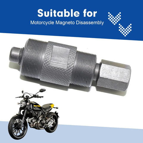 Zero Drama Dual Head Flywheel Puller Crafted From Premium Stainless Steel Cranks Loose Stubborn GY6 Small Engines With Tight 24mm And 27mm Grip Black Edition displayed with motorcycle.