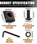 Specifications of 30 Piece 2020 Series Aluminum T Slot Rail Connector Kit With 2028 Corner Bracket, including M5 nuts, screws, and M3 wrench.