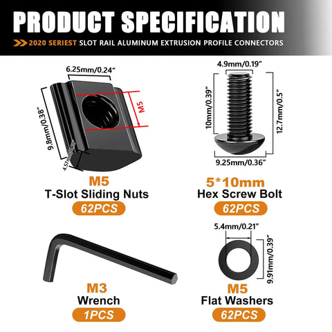 Specifications of 30 Piece 2020 Series Aluminum T Slot Rail Connector Kit With 2028 Corner Bracket, including M5 nuts, screws, and M3 wrench.