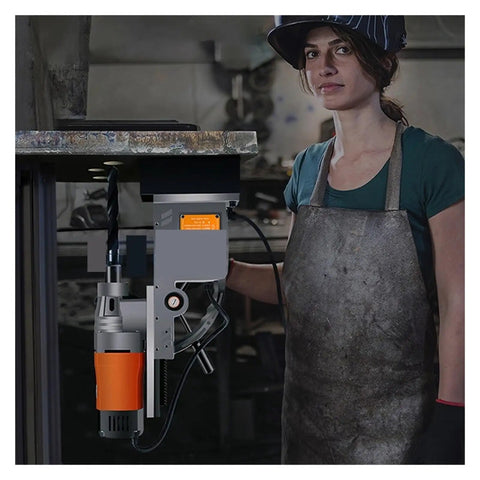 Pro Grade Magnetic Drill Press Variable Speed Bench Drilling Machine Built Like A Tank, shown in use with a drill bit.