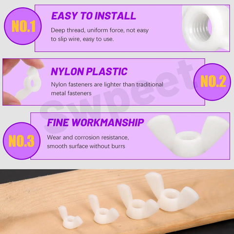 White Nylon Wing Nuts Assortment Kit With 110 Pieces And Seven Metric Sizes M3 M4 M5 M6 M8 M10 M12, featuring easy-to-install butterfly fasteners.
