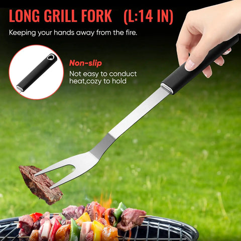 Person using long grill fork from Stainless Steel BBQ Grill Tools Set For Outdoor Grilling Includes Tong Spatula Fork Knife Basting Brush Six Skewers And Gift Box A Complete Barbecue Utensil Kit For Men Fathers Day Christmas And Thanksgiving
