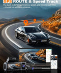Car on winding road with GPS route and 4K Front Dash Cam With Inside Cabin And Rear View For Your Ride, screen displays footage.
