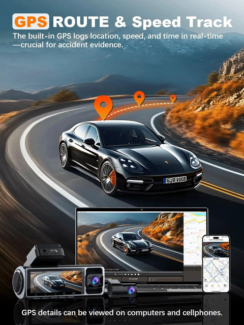 Car on winding road with GPS route and 4K Front Dash Cam With Inside Cabin And Rear View For Your Ride, screen displays footage.