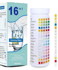 Big Time 16 In 1 Drinking Water Testing Kit With 100 Rapid Test Strips For Household Faucets And Wells Fast Read On Lead Copper Chlorine Ph And Hardness showing box and test strips.