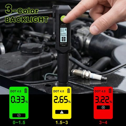 Heavy Duty Brake Fluid Tester Pen With Digital LCD Screen measuring moisture levels on a car engine, showing fluid safety levels.