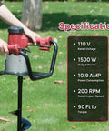 1500W Electric Post Hole Digger With 6 Inch Digging Bit And Extension Rods For Farmland And Garden Projects No Gas Mix