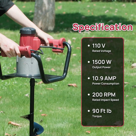 1500W Electric Post Hole Digger With 6 Inch Digging Bit And Extension Rods For Farmland And Garden Projects No Gas Mix