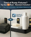Close-up of black rust-resistant bathroom shelf with shampoo and soap, highlighting golden screws and rust-proof feature.