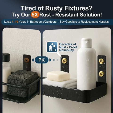 Close-up of black rust-resistant bathroom shelf with shampoo and soap, highlighting golden screws and rust-proof feature.
