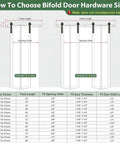 Diagram showing size chart for 64-Inch Bi-Fold Sliding Barn Door Hardware Track Kit With Side Mounted Black J Shape Rollers, door not included.