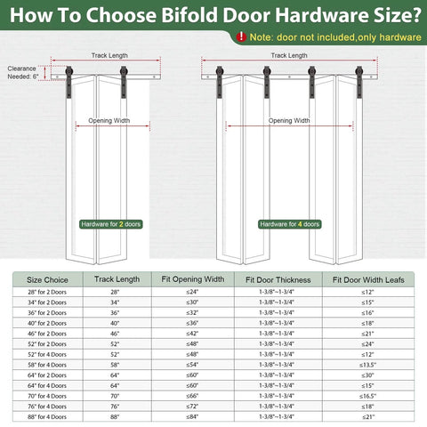 Diagram illustrating size options for 64 Inch Bifold Sliding Barn Door Hardware Track Kit With Side Mounted Black J Shape Rollers For Ultra Quiet Smooth Glide Easy Assembly Fits Double 30 Inch Bi Folding Doors Door Not Included.
