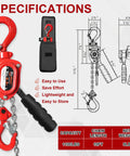 Front view of red FITHOIST manual lever chain hoist, 1100 lbs capacity, 10 ft lift, rotating hook.