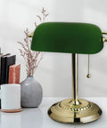 13.5 Inch Traditional Banker Lamp With Green Glass Cylinder Shade, Polished Brass Finish, Classic On Off Pull Chain on Desk