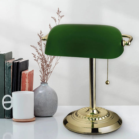 13.5 Inch Traditional Banker Lamp With Green Glass Cylinder Shade, Polished Brass Finish, Classic On Off Pull Chain on Desk