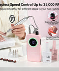Person using 35,000RPM Electric Nail Drill For Gel Nail Shaping And Removal with battery and LCD display, accessories shown