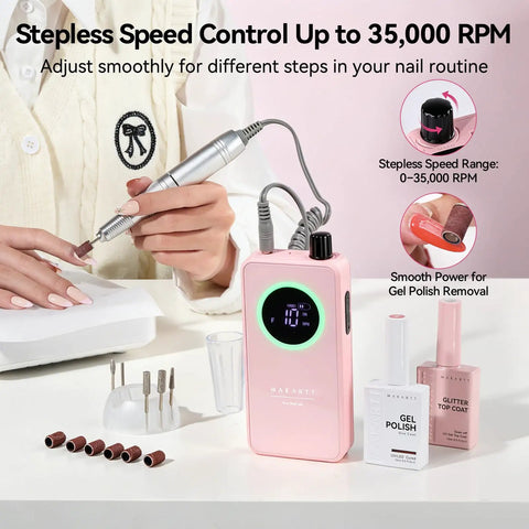 Person using 35,000RPM Electric Nail Drill For Gel Nail Shaping And Removal with battery and LCD display, accessories shown