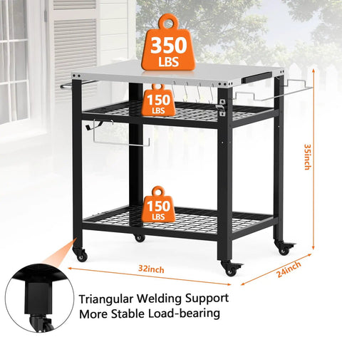 Stainless Steel Pizza Oven Table For Ooni And Other Grills Heavy Duty Outdoor Grill Cart With Wheels And Handle 32 By 24 Inch Three Shelf Food Prep Cart For Griddle Movable Outdoor Pizza Cart with three shelves, 35 inches high, capacity 650 lbs.