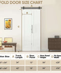 36 in. by 84 in. Bi-Fold Door Set With Hardware Kit size chart, showing dimensions and fit opening width options.