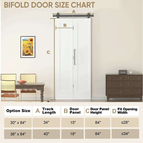 36 in. by 84 in. Bi-Fold Door Set With Hardware Kit size chart, showing dimensions and fit opening width options.
