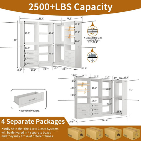Dope Modular Closet Organization System With Six Drawers Adjustable Shelves And Nine Hanging Rods Super Clean L Shape Corner Storage Unit Top Tier White Wood Setup For Walk In Rooms That Gonna Fit Perfectly
