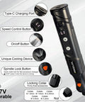 Close-up of Mini Cordless Rotary Tool Kit with LED display showing buttons and attachments, includes 76 Piece Accessory Set 5 Speed 3.7V Rechargeable Hand Tool
