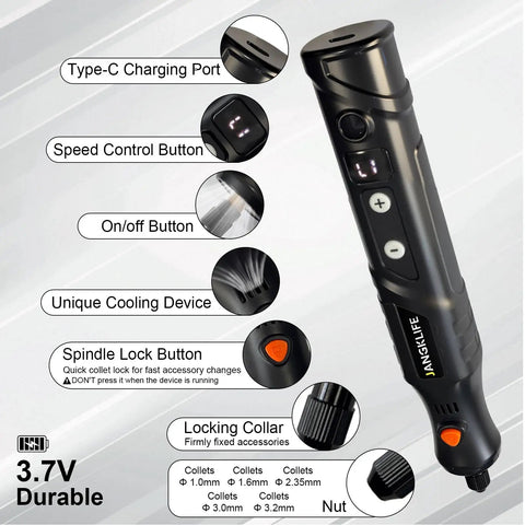 Close-up of Mini Cordless Rotary Tool Kit with LED display showing buttons and attachments, includes 76 Piece Accessory Set 5 Speed 3.7V Rechargeable Hand Tool