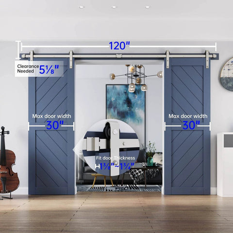 Rugged 10 Foot Brushed Nickel Double Sliding Barn Door Hardware Track Kit with 30 inch wide double doors installed in living room