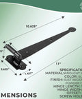 Image showing dimensions of a black wrought iron hinge from pack of 4 black offset strap lift off pintle hinges built to last 11 inch by two and five eighths inch wrought iron pin hinges for shutters exterior doors or gates heavy duty hardware with rust resistant powder coat finish.