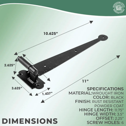 Image showing dimensions of a black wrought iron hinge from pack of 4 black offset strap lift off pintle hinges built to last 11 inch by two and five eighths inch wrought iron pin hinges for shutters exterior doors or gates heavy duty hardware with rust resistant powder coat finish.