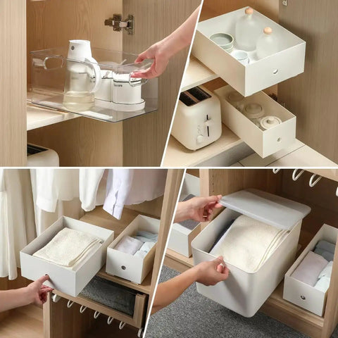 Total Game Changer Pull Out Cabinet Rails Kit Smooth Glide Drawer Slides 8 Pack used for organizing kitchen items and clothing.