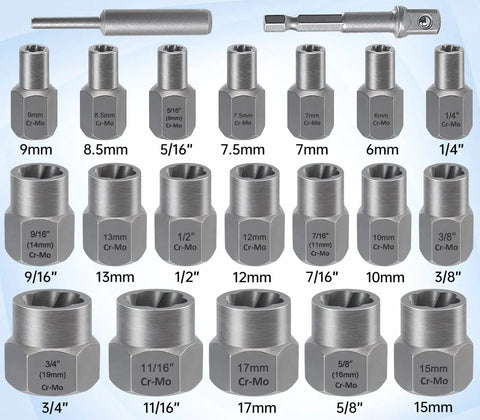 21 Piece Bolt Nut Extractor Set For Damaged Lug Nuts And Rounded Off Bolts Three Eighths Inch Drive with multi size sockets displayed