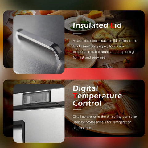 Insulated lid and digital temperature control features of Heavy Duty 48 Inch Sandwich And Salad Prep Table Refrigerator With Stainless Steel Chassis 13.4 Cubic Foot Storage.