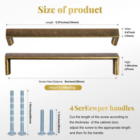 Antique Brass Solid Zinc Drawer Pulls Set 5 Inch Beefy Heavy Duty Cabinet Handles For Kitchen Cabinets Dressers Wardrobes And Furniture Modern Hardware For DIY Home Upgrades 10 Pack, size chart with 5.27-inch handle and screws