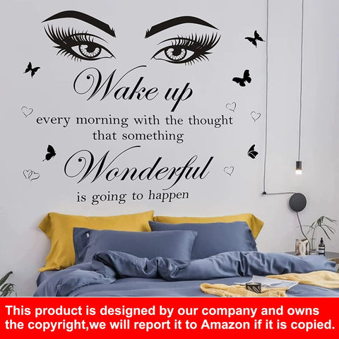 Motivational Quote Wall Stickers Set With Giant Eye Art And Butterflies above bed, inspiring positive decor for bedrooms.